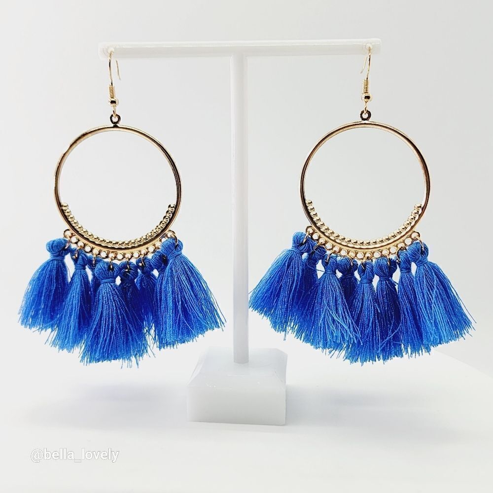 Vacation Blue Boho Drop Dangle Hoop Earrings Tassels Jewelry